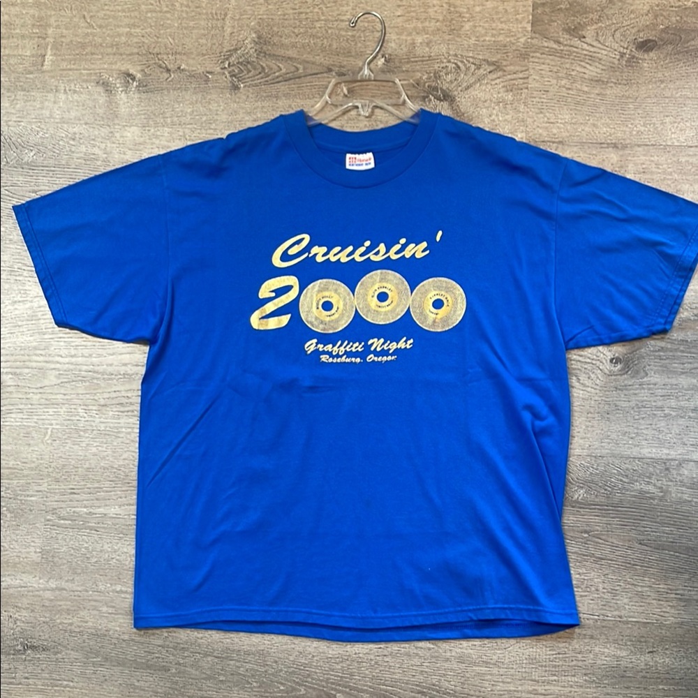 2000 Y2K Shirt Graffiti Cruise Roseburg Oregon XL Blue Gold Records Vinyl Vtg